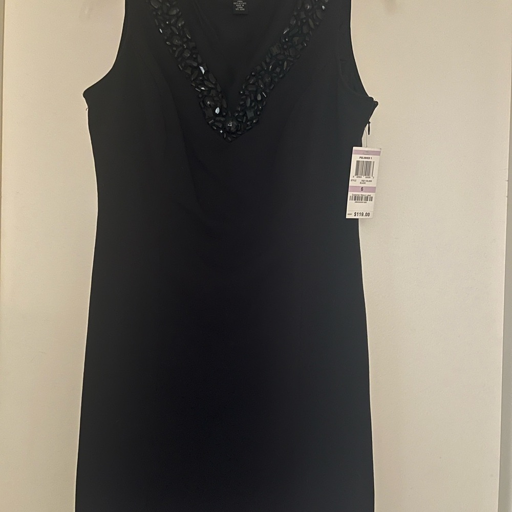 Sleeveless Black V-Neck Dress with Beaded Trim
